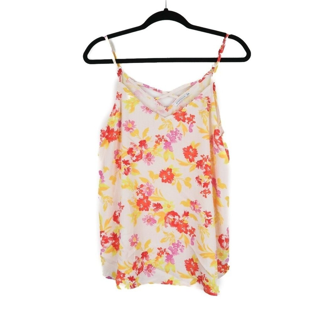 Staccato Womens Tank Top M Yellow Red Floral Rayon Crossover Spring Feminine